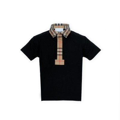 Kids Polo Shirt Vintage Check Trim Cotton Black