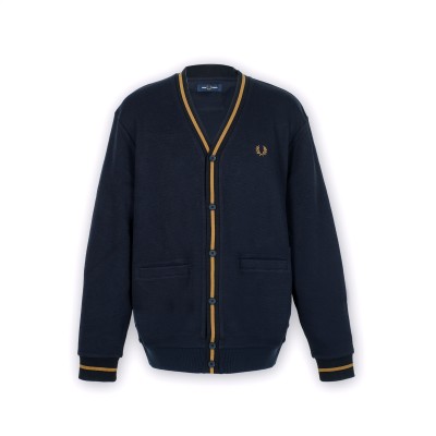 Tipped Pique Texture Cardigan Navy With Logo