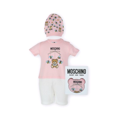 Baby Teddy Bear Grow And Hat Co-ord Set Pink White Grey