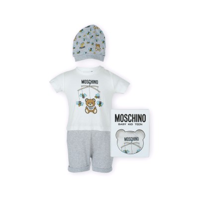 Baby Teddy Bear Grow And Hat Co-ord Set White Grey