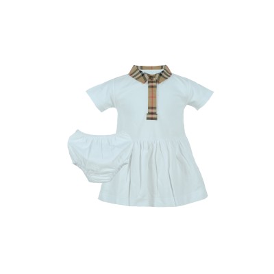 Baby Check Trim Stretch Cotton Piqué Dress With Bloomers