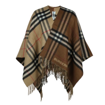 Contrast Check Wool Cashmere Cape Beige Brown