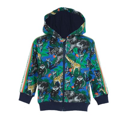 Kids Hoodie With Zipper Jungle And Logo Blue