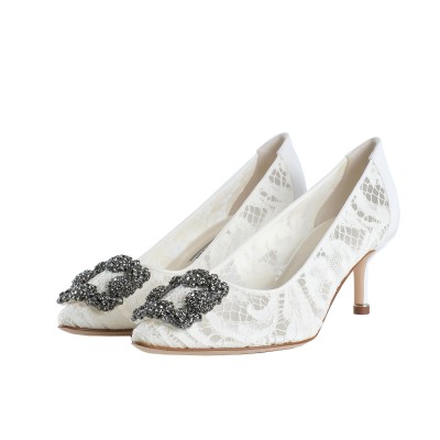 Hangisi 5cm Lcream Lace Jewel Buckle Pumps