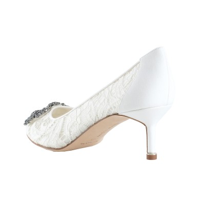 Hangisi 5cm Lcream Lace Jewel Buckle Pumps