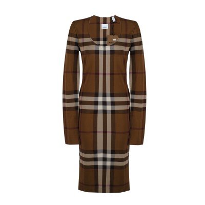 Dress Exaggerated Check Stretch Jersey Dark Birch Brown