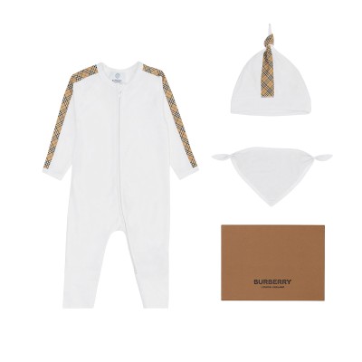 Baby Check Trim Cotton Three Piece Baby Gift Set White