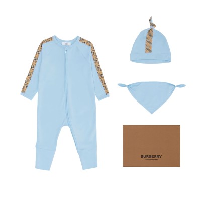 Baby Check Trim Cotton Three Piece Baby Gift Set Powdered Blue