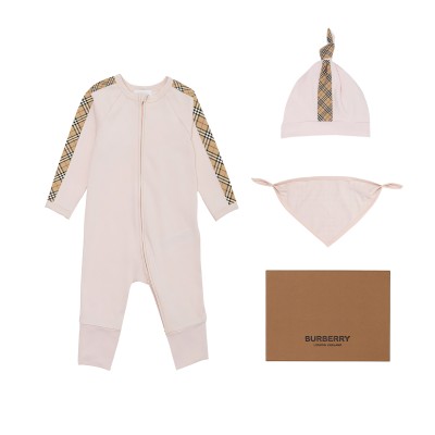 Baby Check Trim Cotton Three Piece Baby Gift Set Alabaster Pink