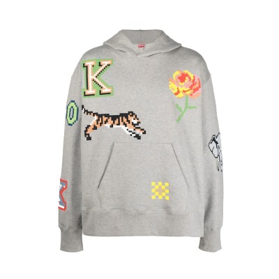 Hoodie Pixel Motif Embroidered All Over Grey