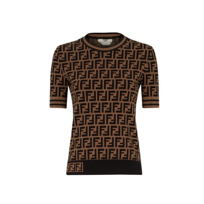 Short Sleeve Pullover Fabric FF Motif Jumper Brown Black