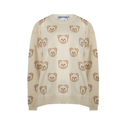 Jumper Knit All Over Teddy Bear Wool Avorio