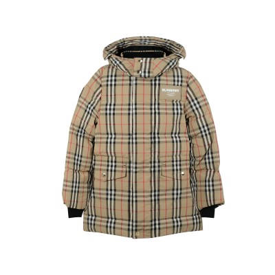 Kids Vintage Check Nylon Hooded Puffer Coat Archive Beige