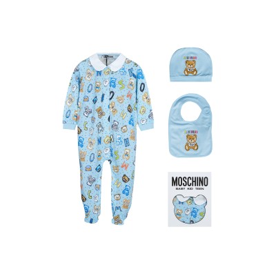 Baby Drawn Teddy Bear Babygrow Hat And Bib Co Ord Set Blue