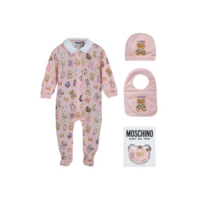 Baby Drawn Teddy Bear Babygrow Hat And Bib Co Ord Set Pink