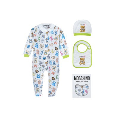 Baby Drawn Teddy Bear Babygrow Hat And Bib Co Ord Set White