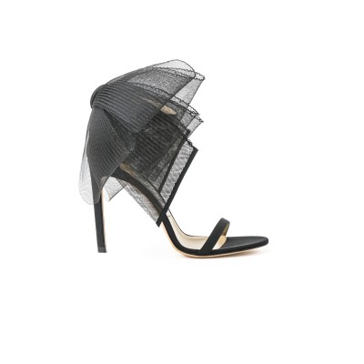 Aveline 10cm Black Sandals with Asymmetric Grosgrain Mesh Fascinator Bows Black