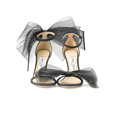 Aveline 10cm Black Sandals with Asymmetric Grosgrain Mesh Fascinator Bows Black