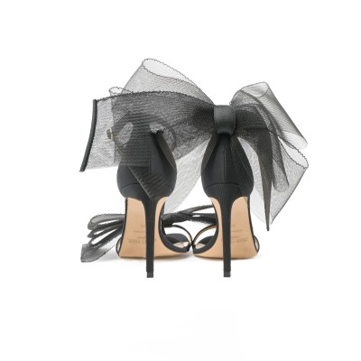 Aveline 10cm Black Sandals with Asymmetric Grosgrain Mesh Fascinator Bows Black