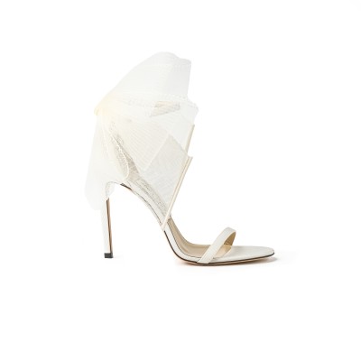 Aveline 10cm Latte Sandals with Asymmetric Grosgrain Mesh Fascinator Bows Latte