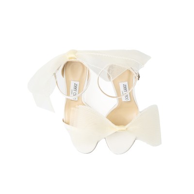 Aveline 10cm Latte Sandals with Asymmetric Grosgrain Mesh Fascinator Bows Latte