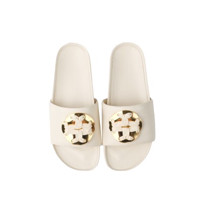 Woven Double T Slide Sandal 5cm Leather Light Cream