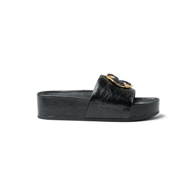 Woven Double T Slide Sandal 5cm Crinkle Leather Perfect Black