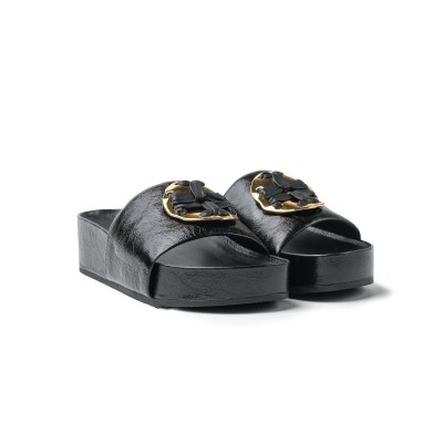 Woven Double T Slide Sandal 5cm Crinkle Leather Perfect Black