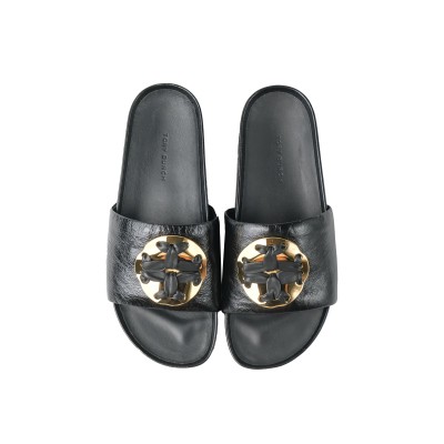 Woven Double T Slide Sandal 5cm Crinkle Leather Perfect Black