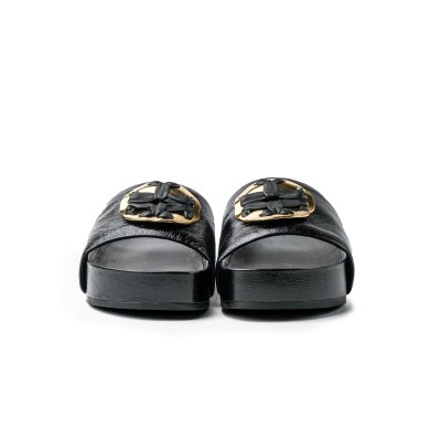 Woven Double T Slide Sandal 5cm Crinkle Leather Perfect Black