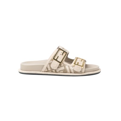 FF Baguette Buckle Jacquard Sandals Beige