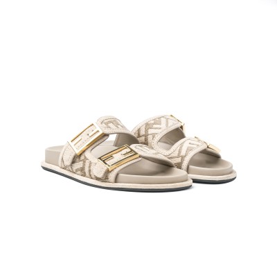 FF Baguette Buckle Jacquard Sandals Beige