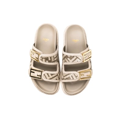 FF Baguette Buckle Jacquard Sandals Beige