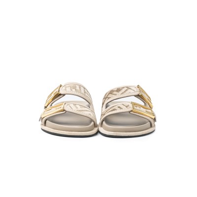 FF Baguette Buckle Jacquard Sandals Beige