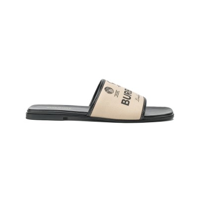 Label Print Gabardine and Leather Slides Beige