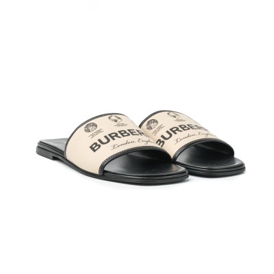 Label Print Gabardine and Leather Slides Beige