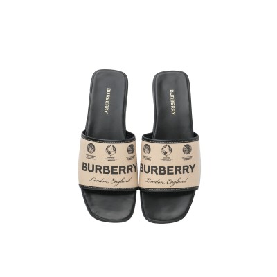 Label Print Gabardine and Leather Slides Beige