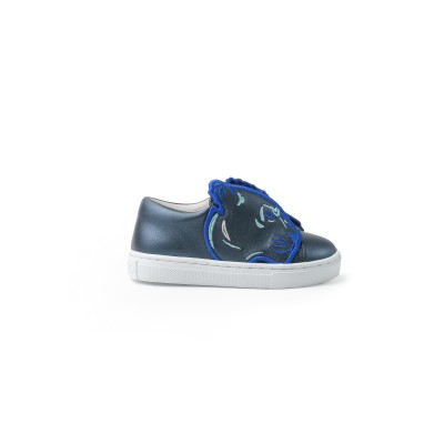 Kids Slip On Black Cheetah Blue Leather