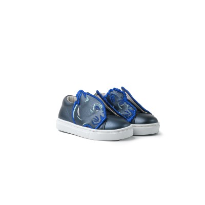 Kids Slip On Black Cheetah Blue Leather