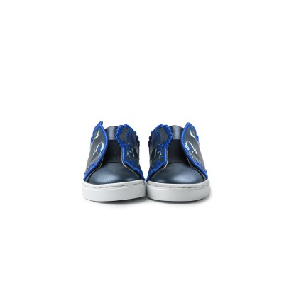 Kids Slip On Black Cheetah Blue Leather