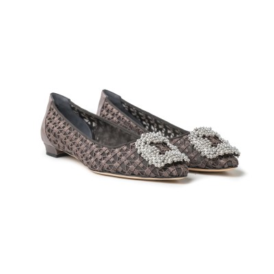 Hangisi Flat Dgrey Lace Pearl Buckle