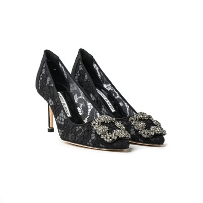 Hangisi 7cm Black Lace Jewel Buckle Pumps