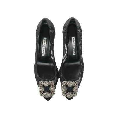 Hangisi 7cm Black Lace Jewel Buckle Pumps