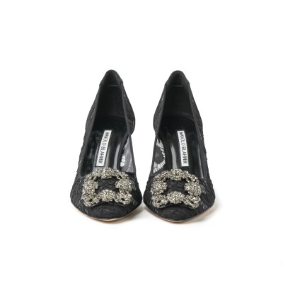 Hangisi 7cm Black Lace Jewel Buckle Pumps