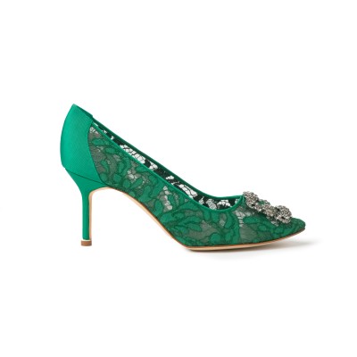 Hangisi 7cm Green Lace Jewel Buckle Pumps