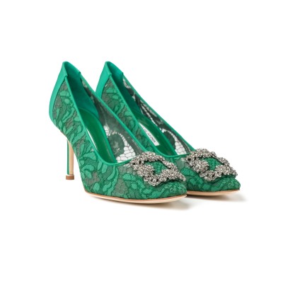 Hangisi 7cm Green Lace Jewel Buckle Pumps