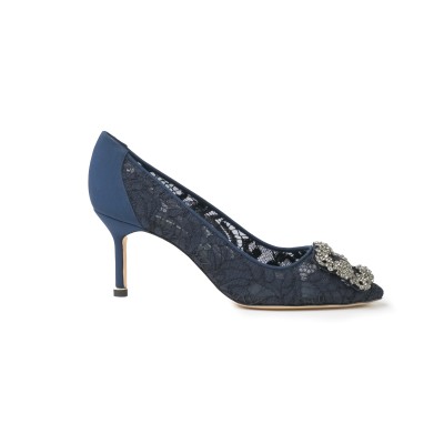 Hangisi 7cm Navy Lace Jewel Buckle Pumps