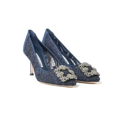 Hangisi 7cm Navy Lace Jewel Buckle Pumps