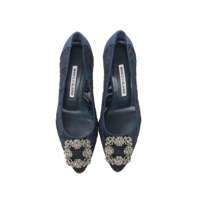 Hangisi 7cm Navy Lace Jewel Buckle Pumps