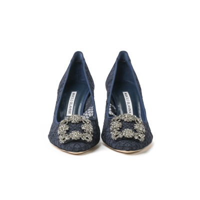 Hangisi 7cm Navy Lace Jewel Buckle Pumps